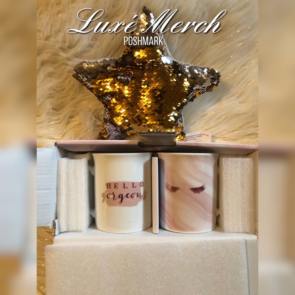 ☕️2 Piece Coffee Mug Set - Hello Gorgeous and Eyelashes Pink/White/Rose Gold ☕️